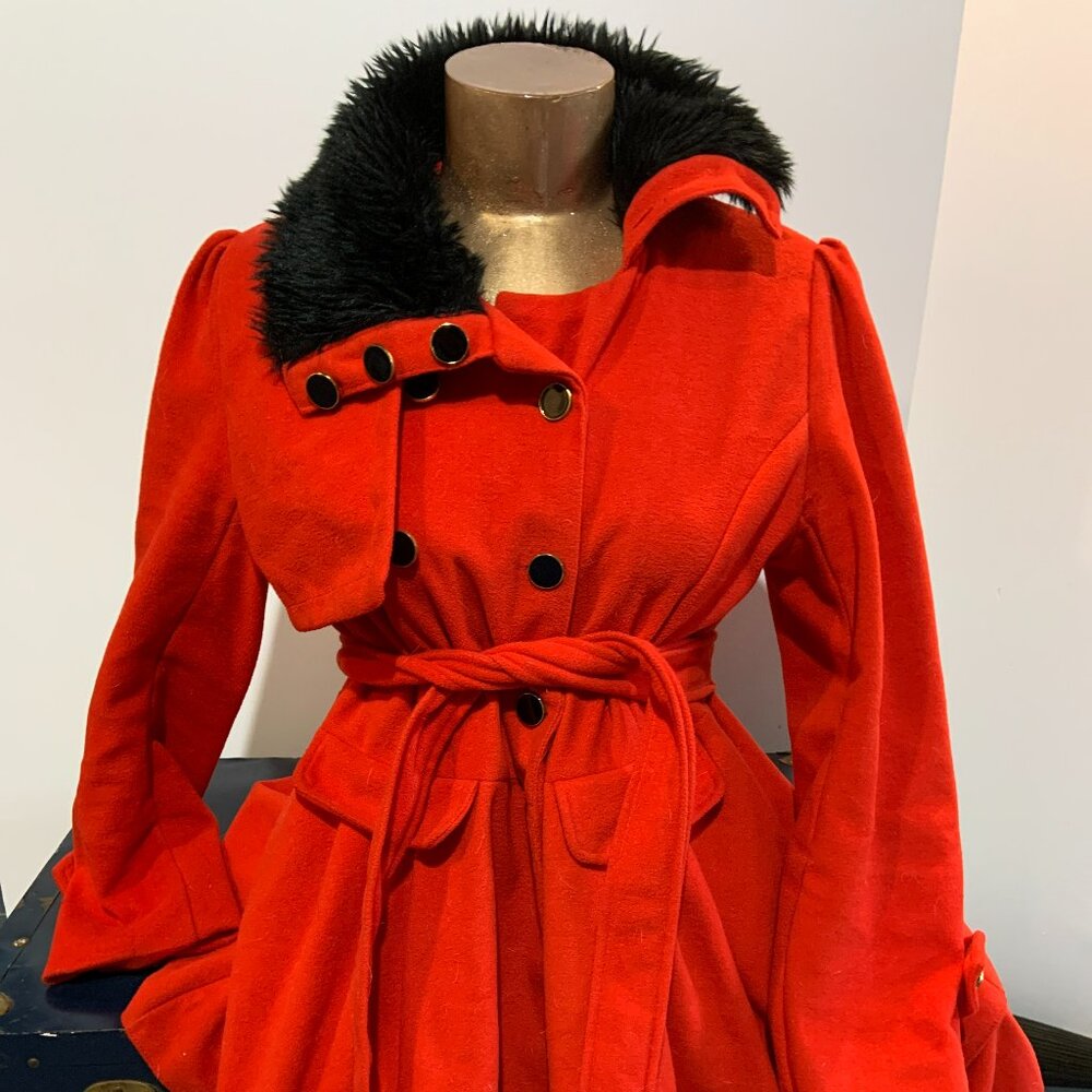 Retro red coat with black imitation fur on collar